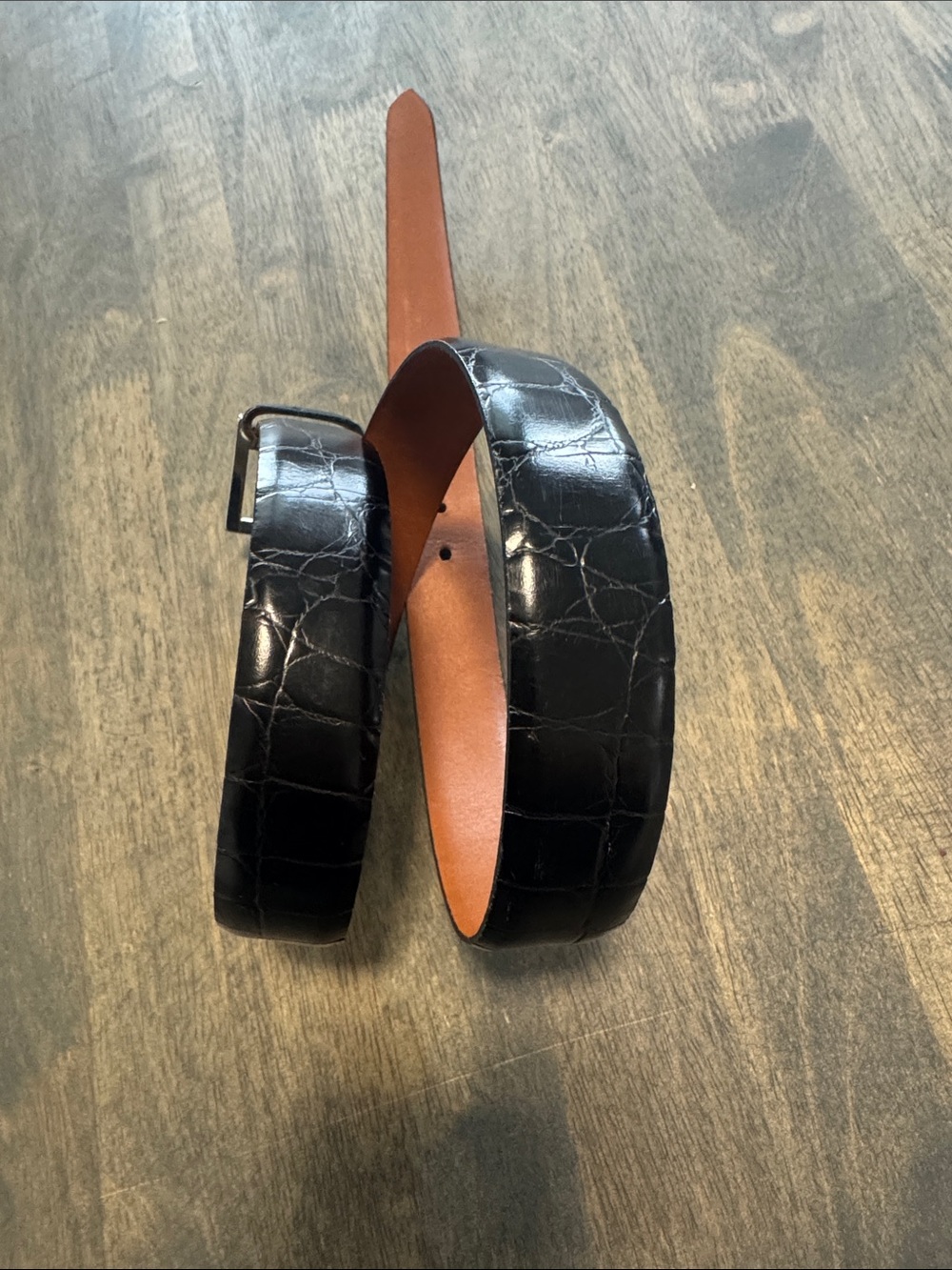 Trafalgar Black Croc-Embossed Leather Belt with Tan Interior